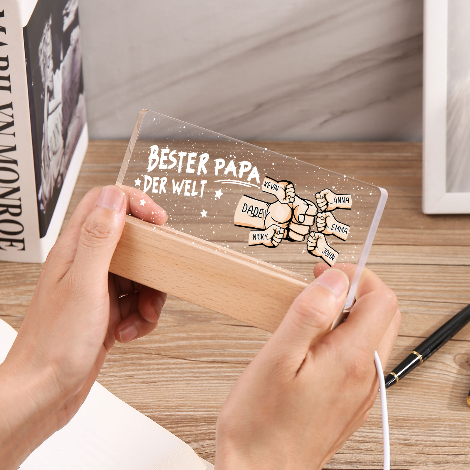 Personalisierte 6 Namen PAPA Faust Nachtlicht Geschenk für Vater-Bester Papa der Welt