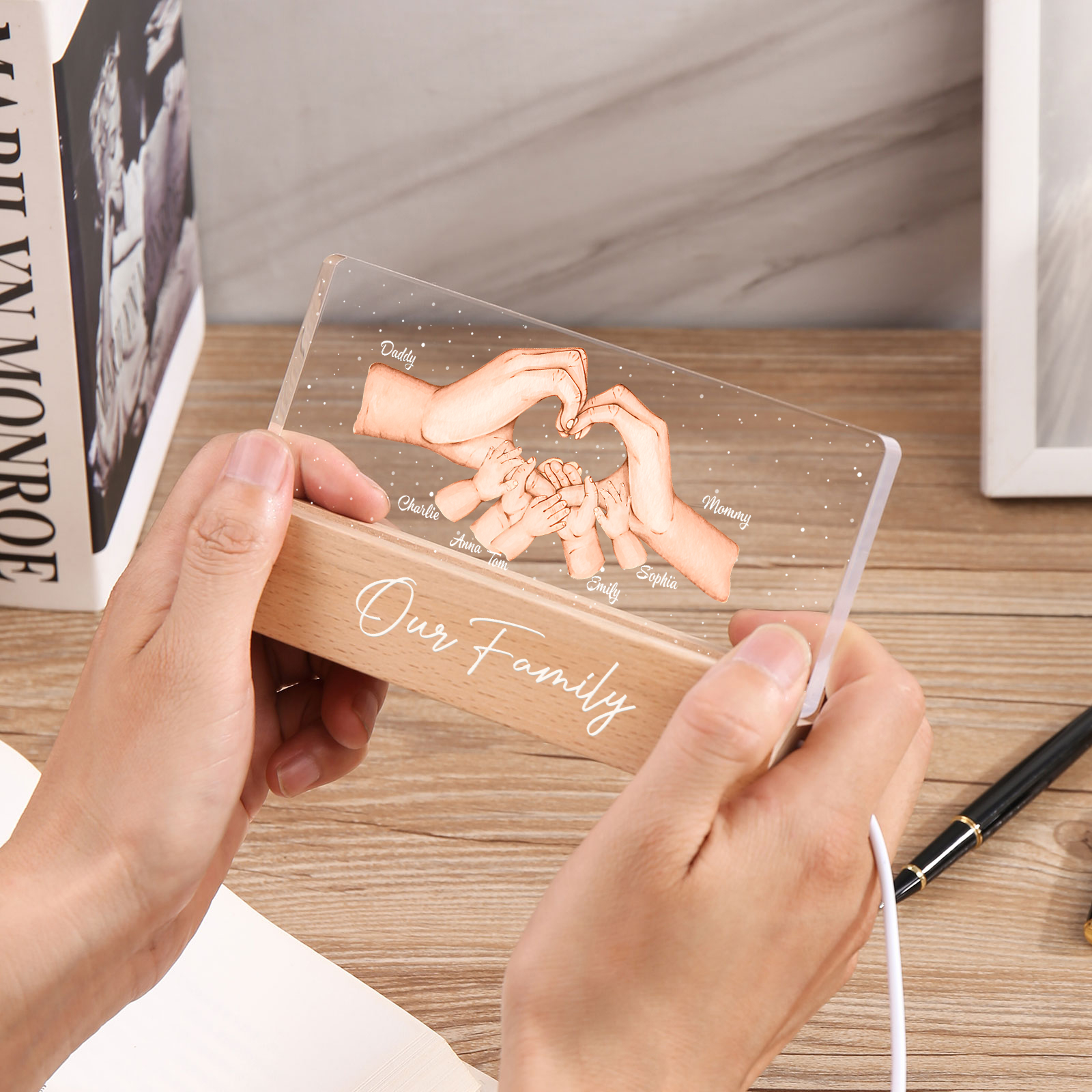 Personalisierte 7 Namen & Text PAPA Hand in Hand Nachtlicht Geschenk für Vater-Unsere Familie