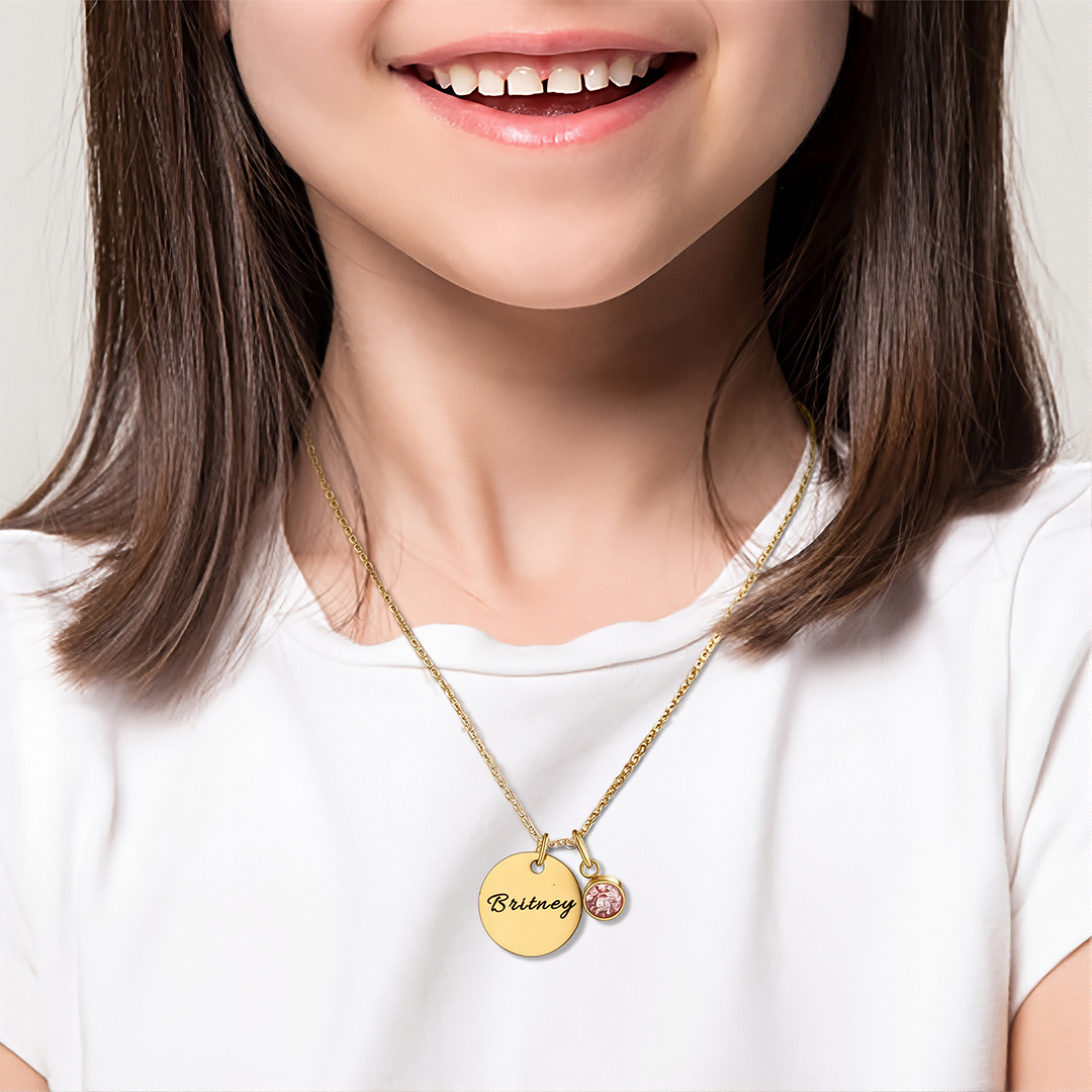 Personalisierte Namenskette mit Geburtsstein und Namensgravur inklusive Schutzengel-Geschenkkarte