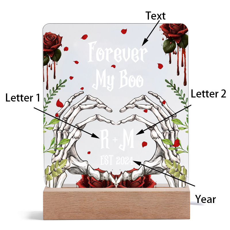 Personalisierter 1 Text & 2 Buchstaben & Jahr Halloween Skelett-Hände & Rosen Acryldeko
