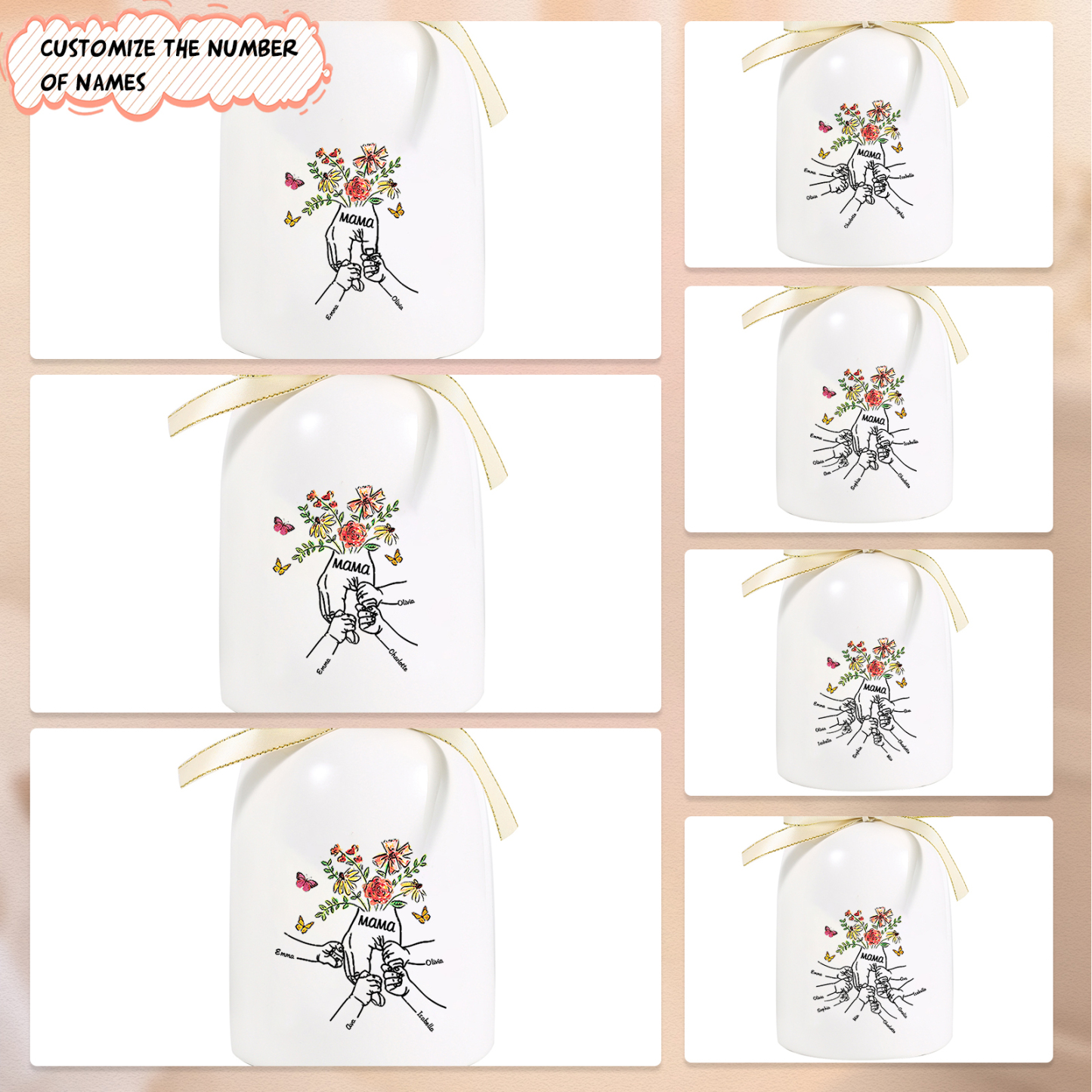 Personalisierte 3 Namen & Text Blumen & Schmetterling Familie Vase Geschenk für Mama/ Oma