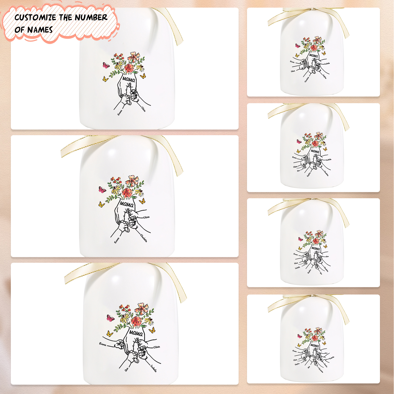Personalisierte 3 Namen & Text Blumen & Schmetterling Familie Vase Geschenk für Mama/ Oma