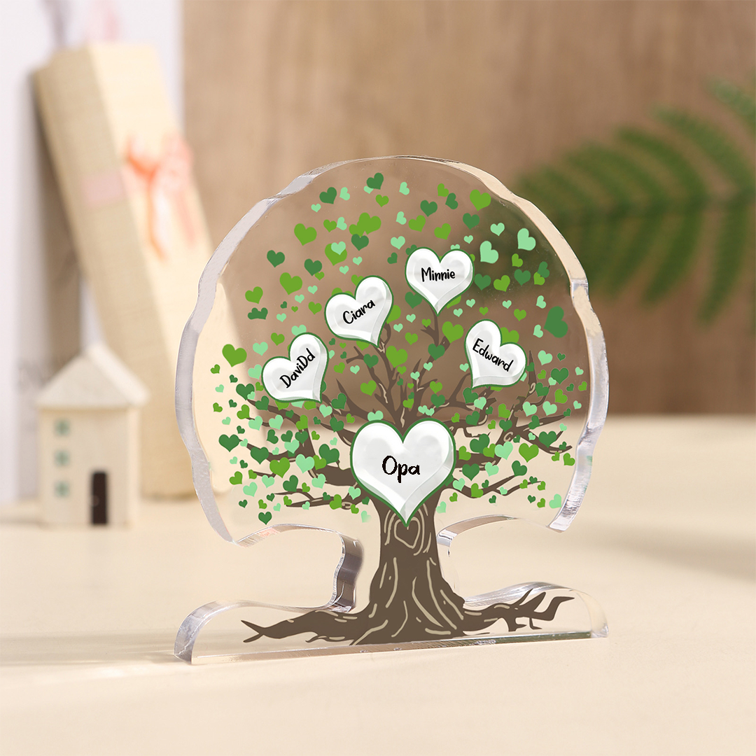 Personalisierte 3-7 Namen Lebensbaum-Acryldeko Schreibdekoration mit Herzen in Grün – Liebevolles Geschenk für Opa Großvater