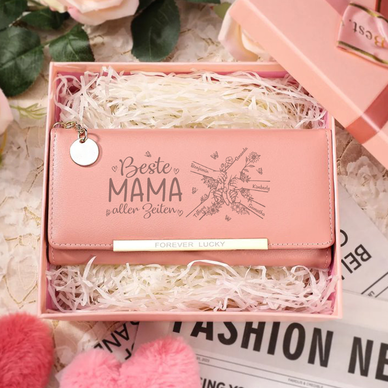 Personalisierte 5 Namen PU-Leder Portemonnaie -Hand in Hand-Beste MAMA aller Zeiten-Geldbörse für Damen