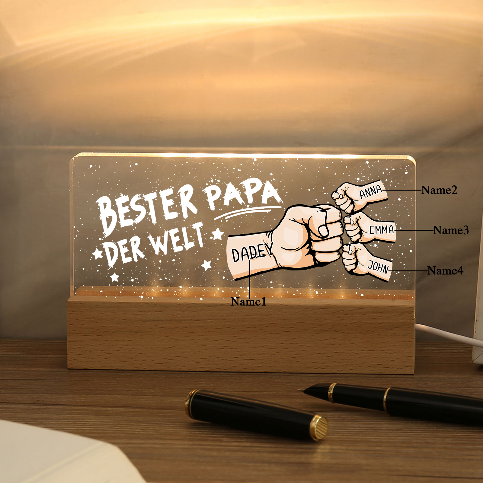 Personalisierte 4 Namen PAPA Faust Nachtlicht Geschenk für Vater-Bester Papa der Welt