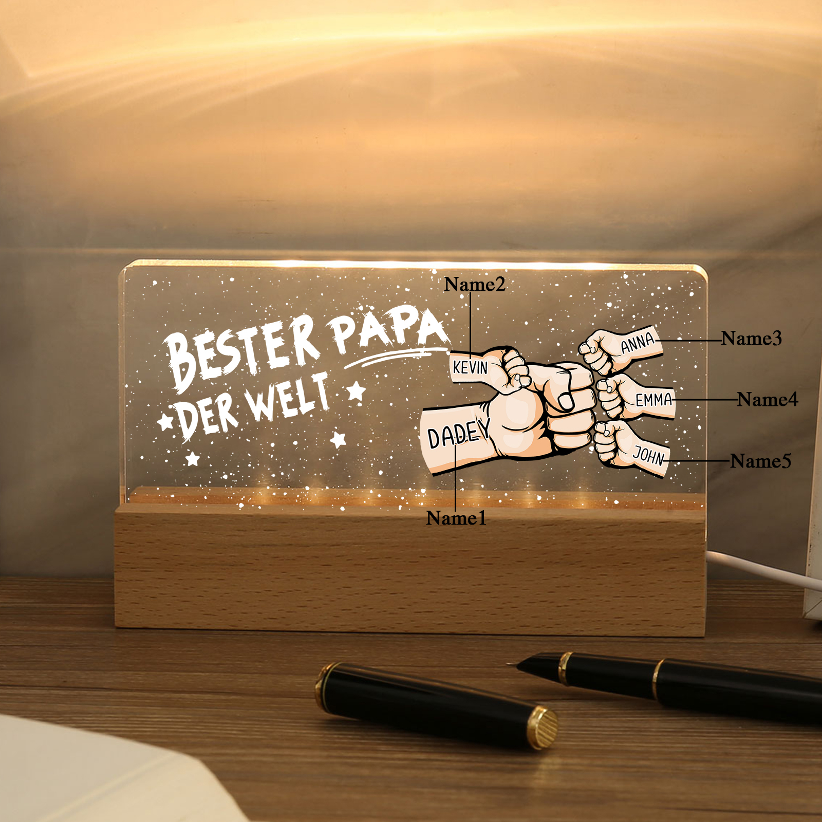 Personalisierte 5 Namen PAPA Faust Nachtlicht Geschenk für Vater-Bester Papa der Welt