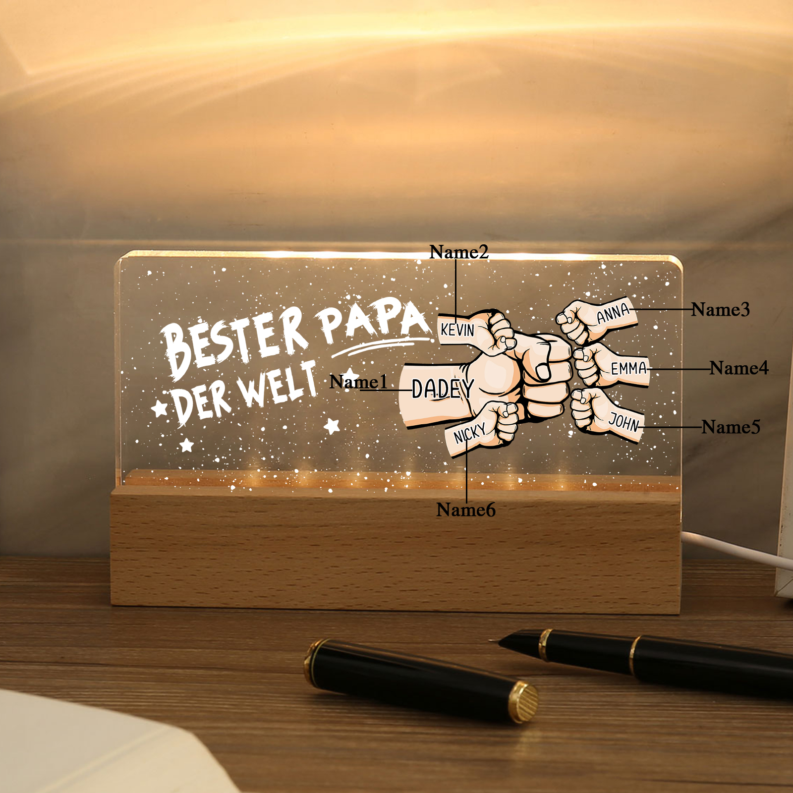 Personalisierte 6 Namen PAPA Faust Nachtlicht Geschenk für Vater-Bester Papa der Welt