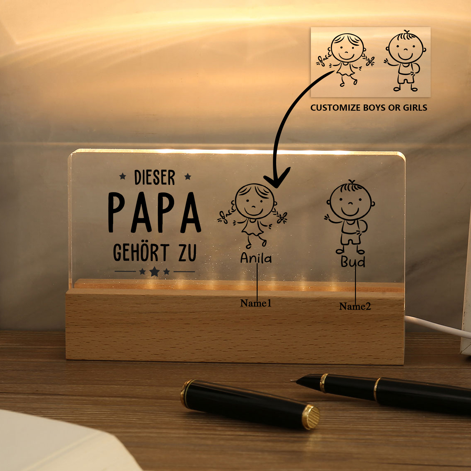 Personalisierte 2-6 Namen & Muster Nachtlicht Geschenk für Vater-Diese Papa gehört zu........