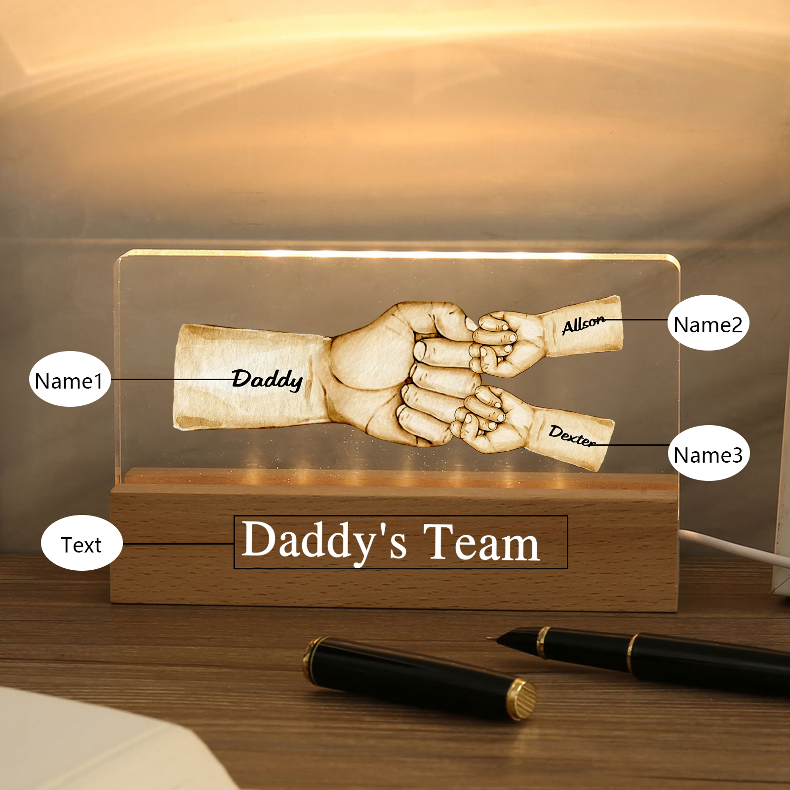 Personalisierte 3 Namen & Text PAPA Faust Nachtlicht Geschenk für Vater
