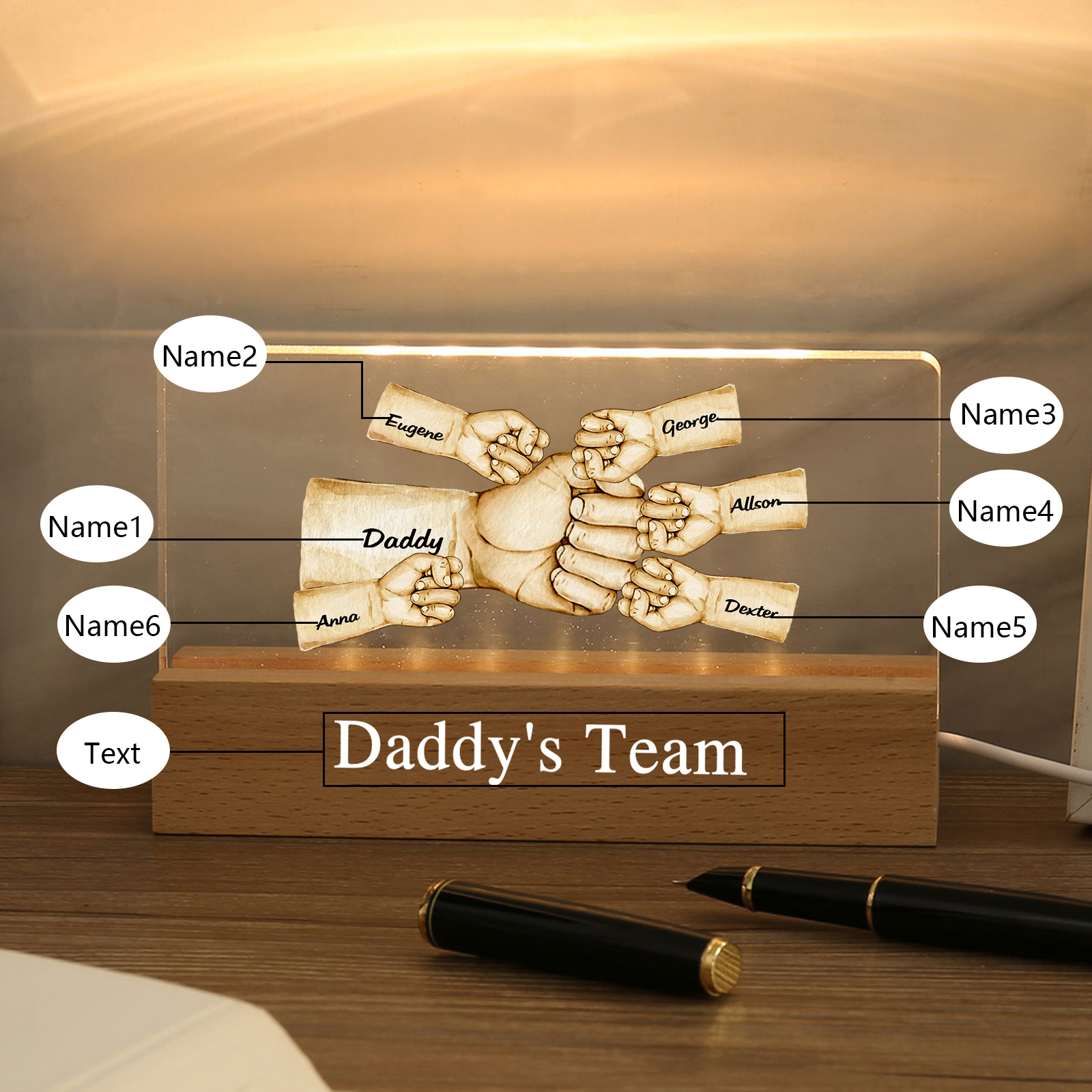 Personalisierte 6 Namen & Text PAPA Faust Nachtlicht Geschenk für Vater