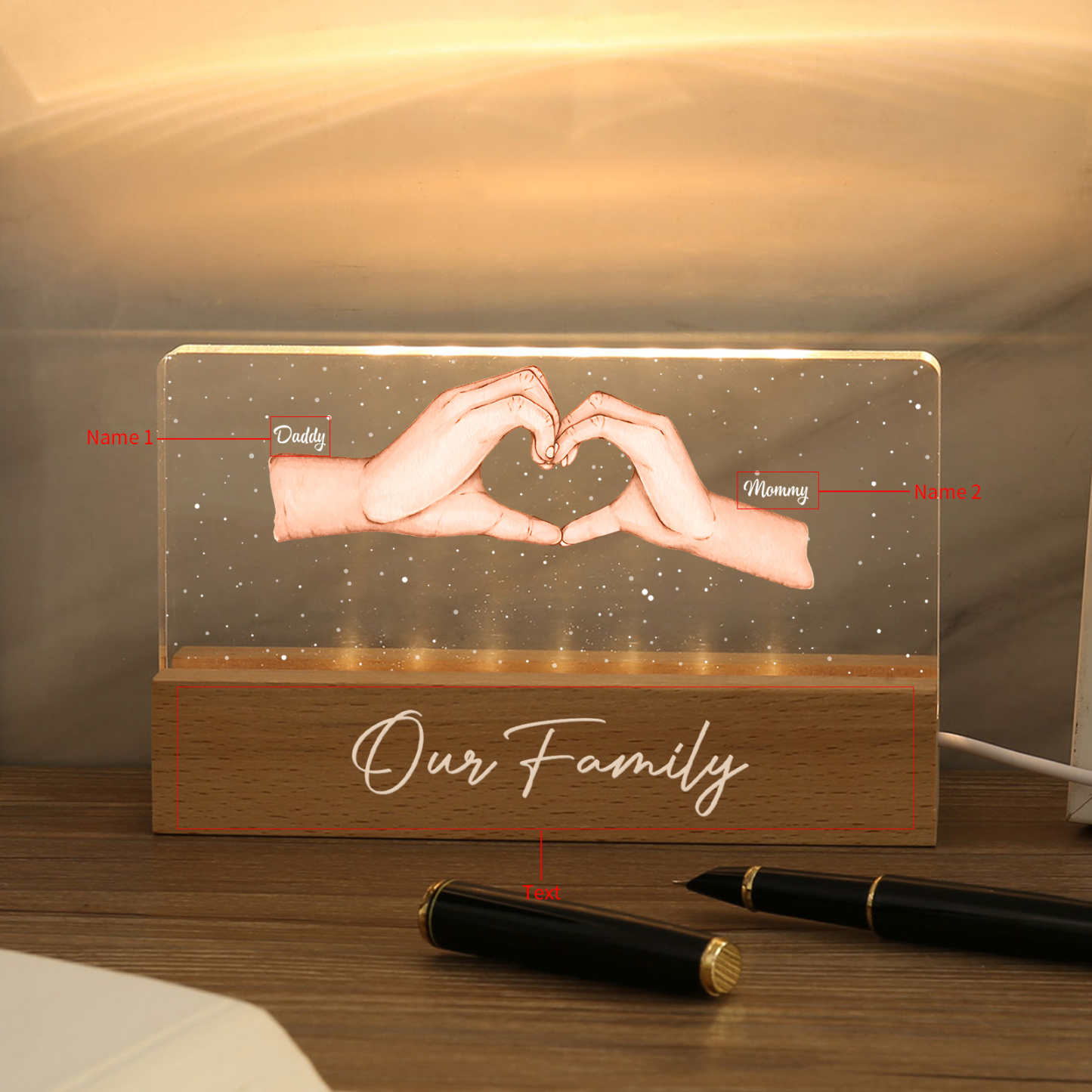 Personalisierte 2 Namen & Text PAPA Hand in Hand Nachtlicht Geschenk für Vater-Unsere Familie