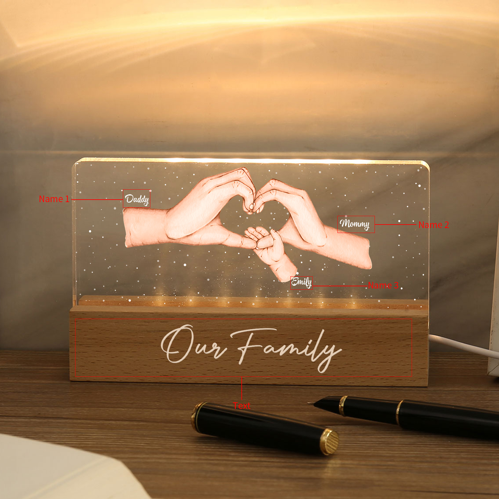 Personalisierte 3 Namen & Text PAPA Hand in Hand Nachtlicht Geschenk für Vater-Unsere Familie