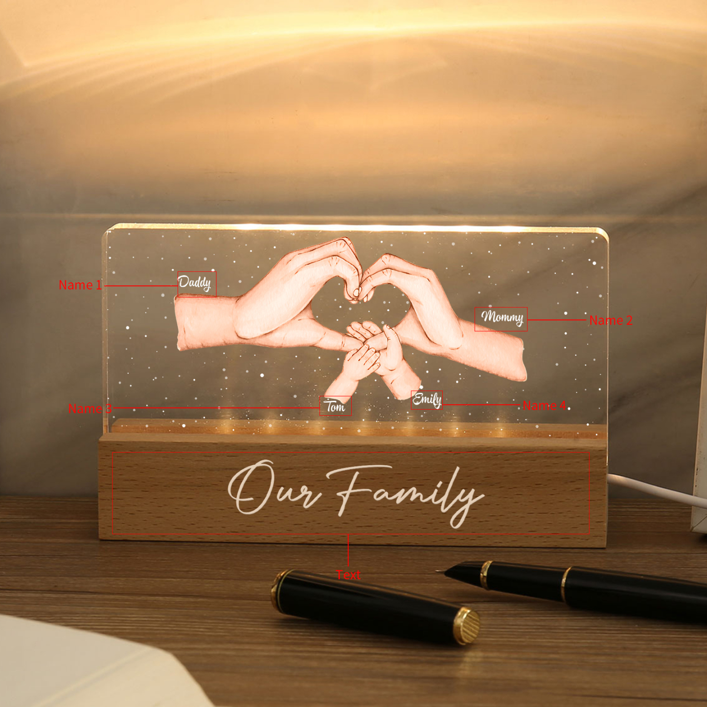 Personalisierte 4 Namen & Text PAPA Hand in Hand Nachtlicht Geschenk für Vater-Unsere Familie