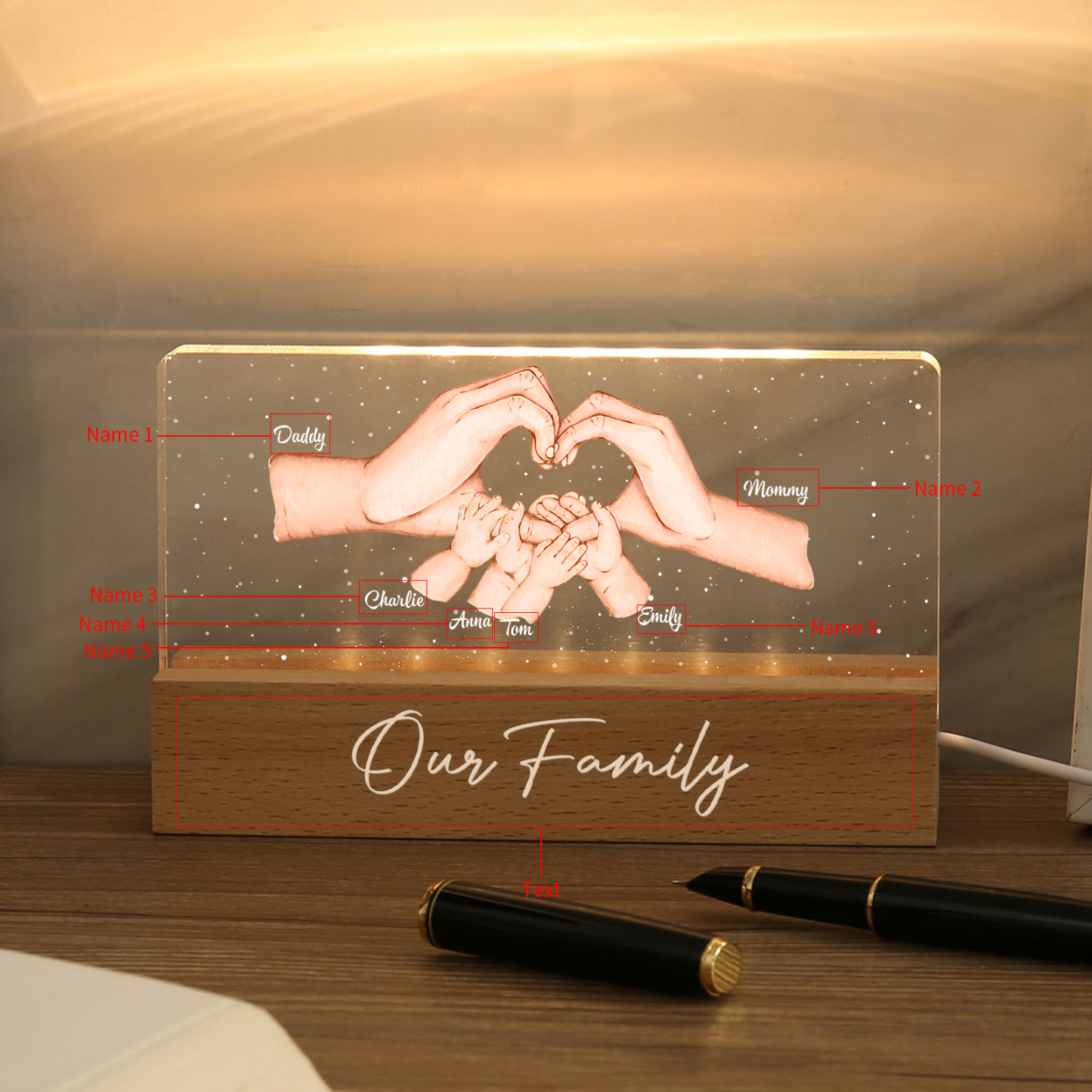 Personalisierte 6 Namen & Text PAPA Hand in Hand Nachtlicht Geschenk für Vater-Unsere Familie