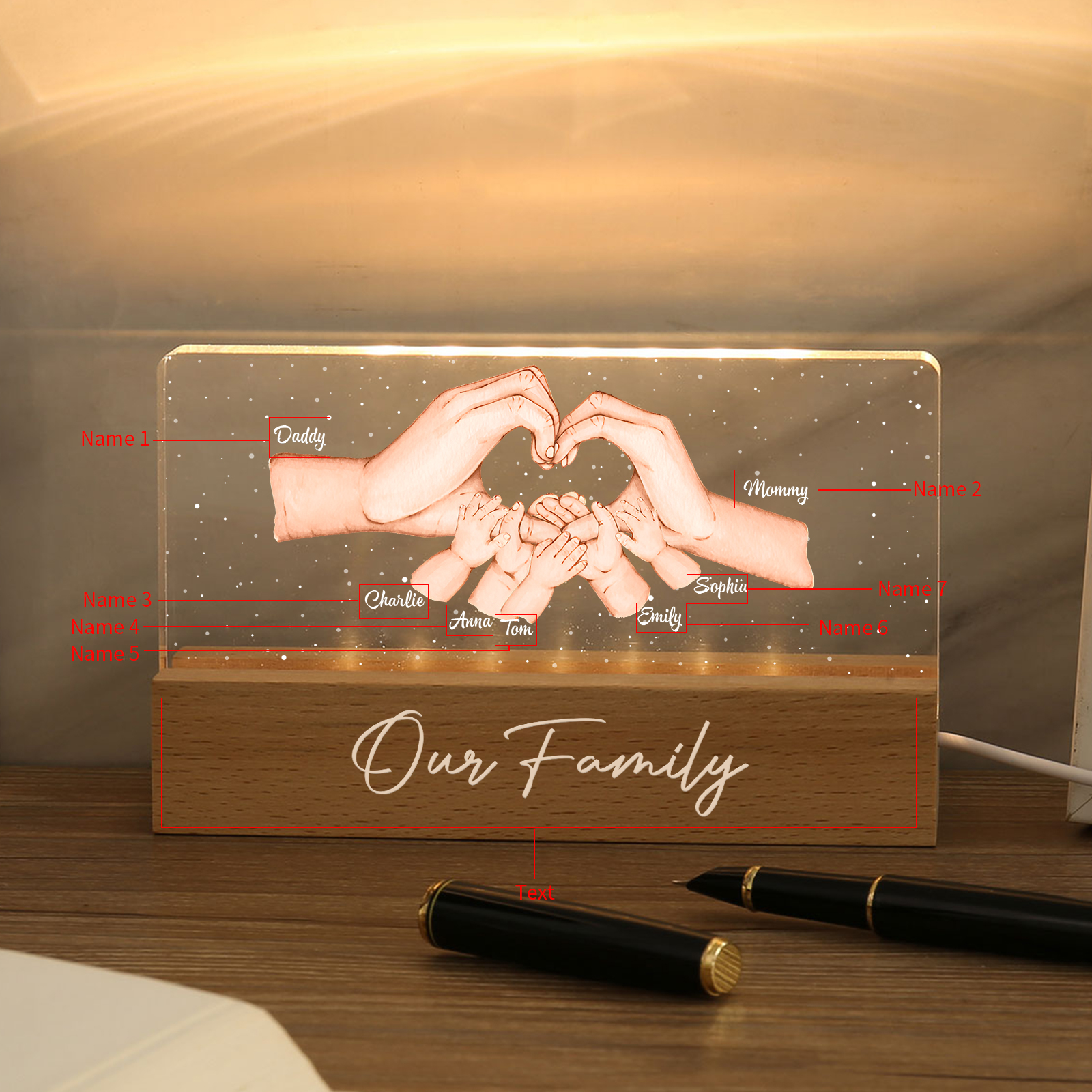 Personalisierte 7 Namen & Text PAPA Hand in Hand Nachtlicht Geschenk für Vater-Unsere Familie