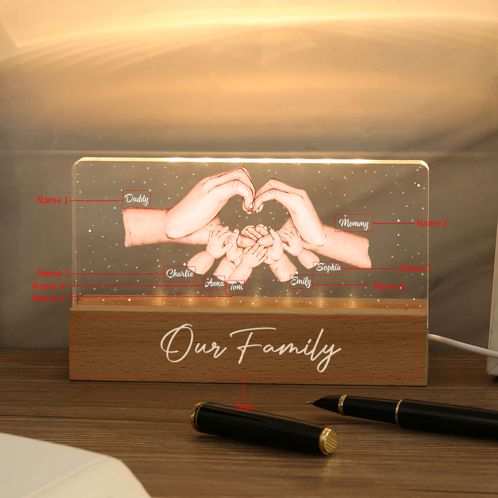 Personalisierte 7 Namen & Text PAPA Hand in Hand Nachtlicht Geschenk für Vater-Unsere Familie