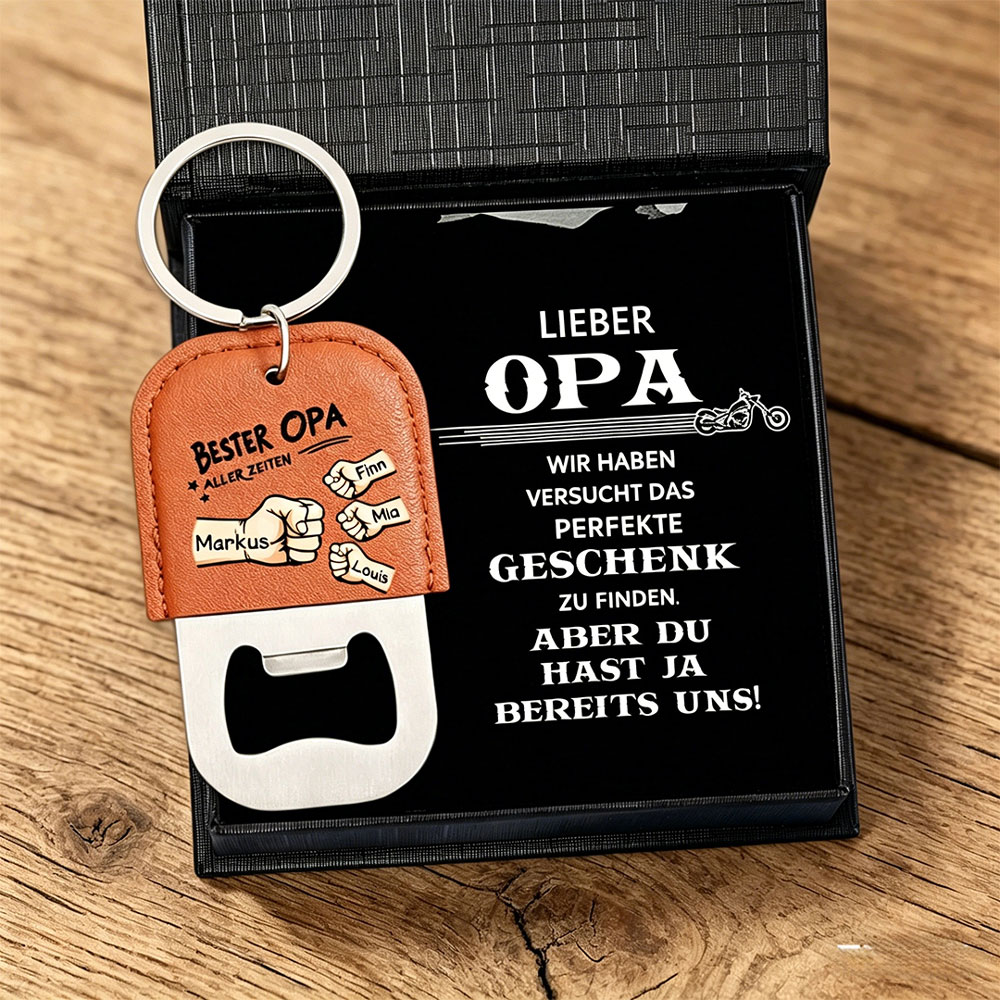 Personalisierter Schlüsselanhänger aus Leder mit Flaschenöffner für Papa mit 2–7 Namen und Faustgruß-Motiv Bester Papa aller Zeiten Familiengeschenk zum Vatertag, Geburtstag für Papa, Ehemann, Opa |