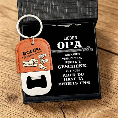 Personalisierter Schlüsselanhänger aus Leder mit Flaschenöffner für Papa mit 2–7 Namen und Faustgruß-Motiv Bester Papa aller Zeiten Familiengeschenk zum Vatertag, Geburtstag für Papa, Ehemann, Opa |