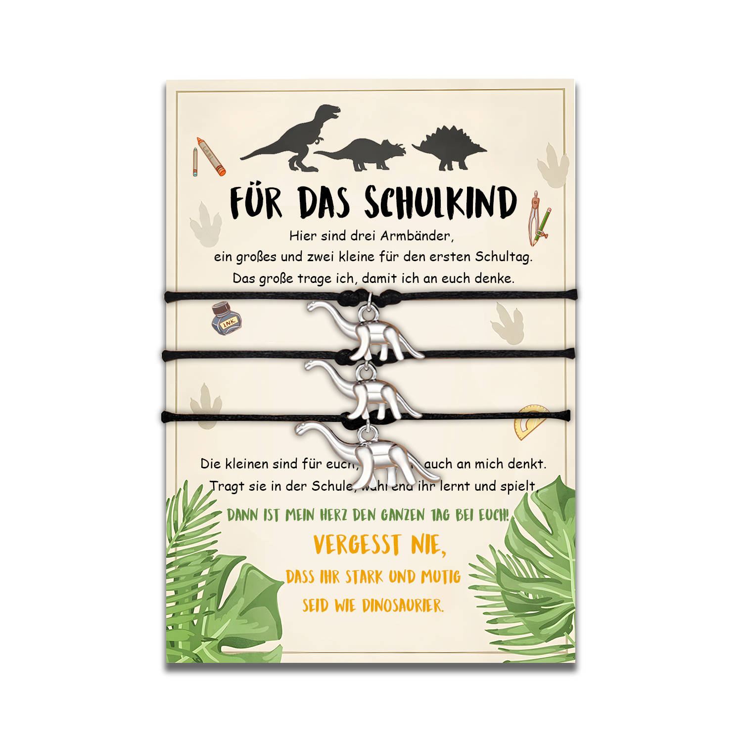 Dinos Armbänder Set mit 3 Ketten Für das Schulkind Vergesst nie, dass ihr stark und mutig seid wie Dinosaurier Schulanfang Geschenk mit Nachrichtenkarte