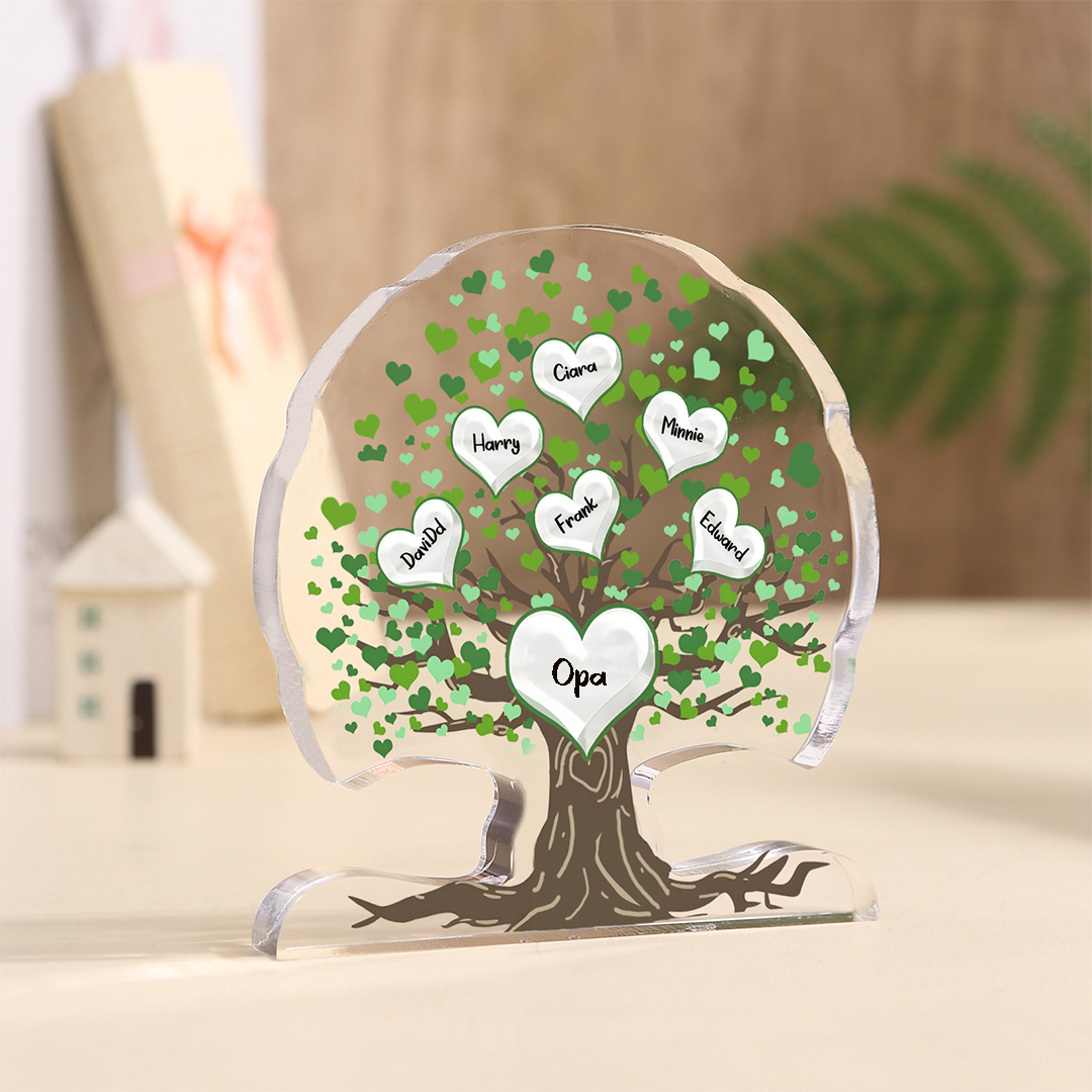 Personalisierte 3-7 Namen Lebensbaum-Acryldeko Schreibdekoration mit Herzen in Grün – Liebevolles Geschenk für Opa Großvater