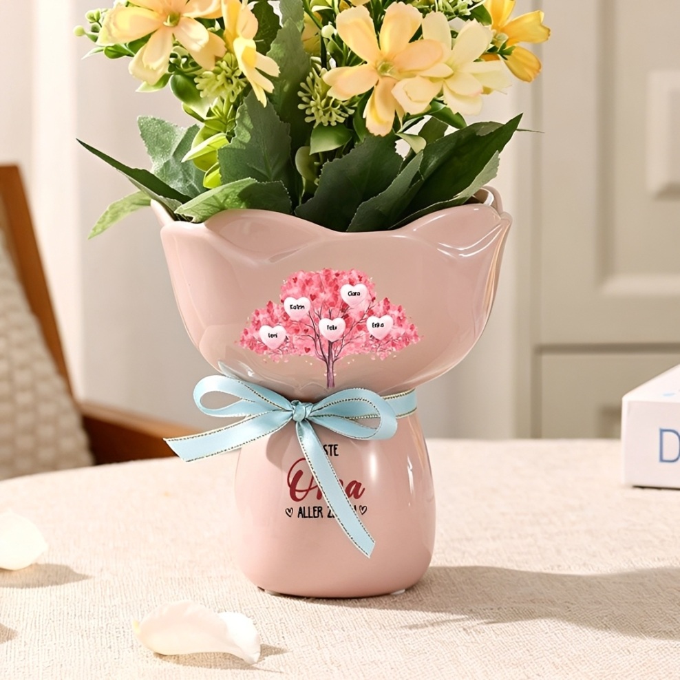 Personalisierte Keramikvase mit 1–7 Namen und Lebensbaummotiv Muttertagsgeschenk für Mama oder Oma