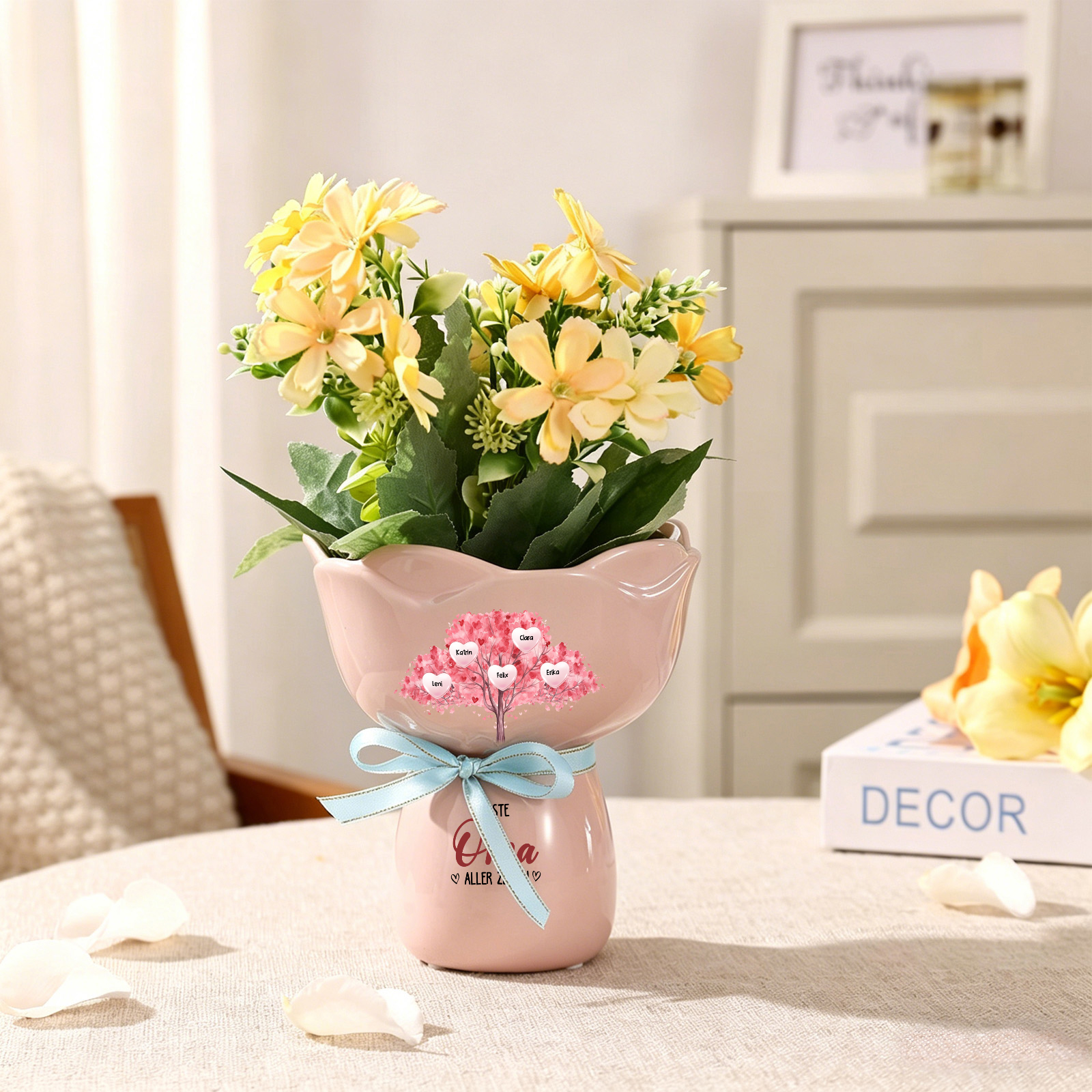 Personalisierte Keramikvase mit 1–7 Namen und Lebensbaummotiv Muttertagsgeschenk für Mama oder Oma
