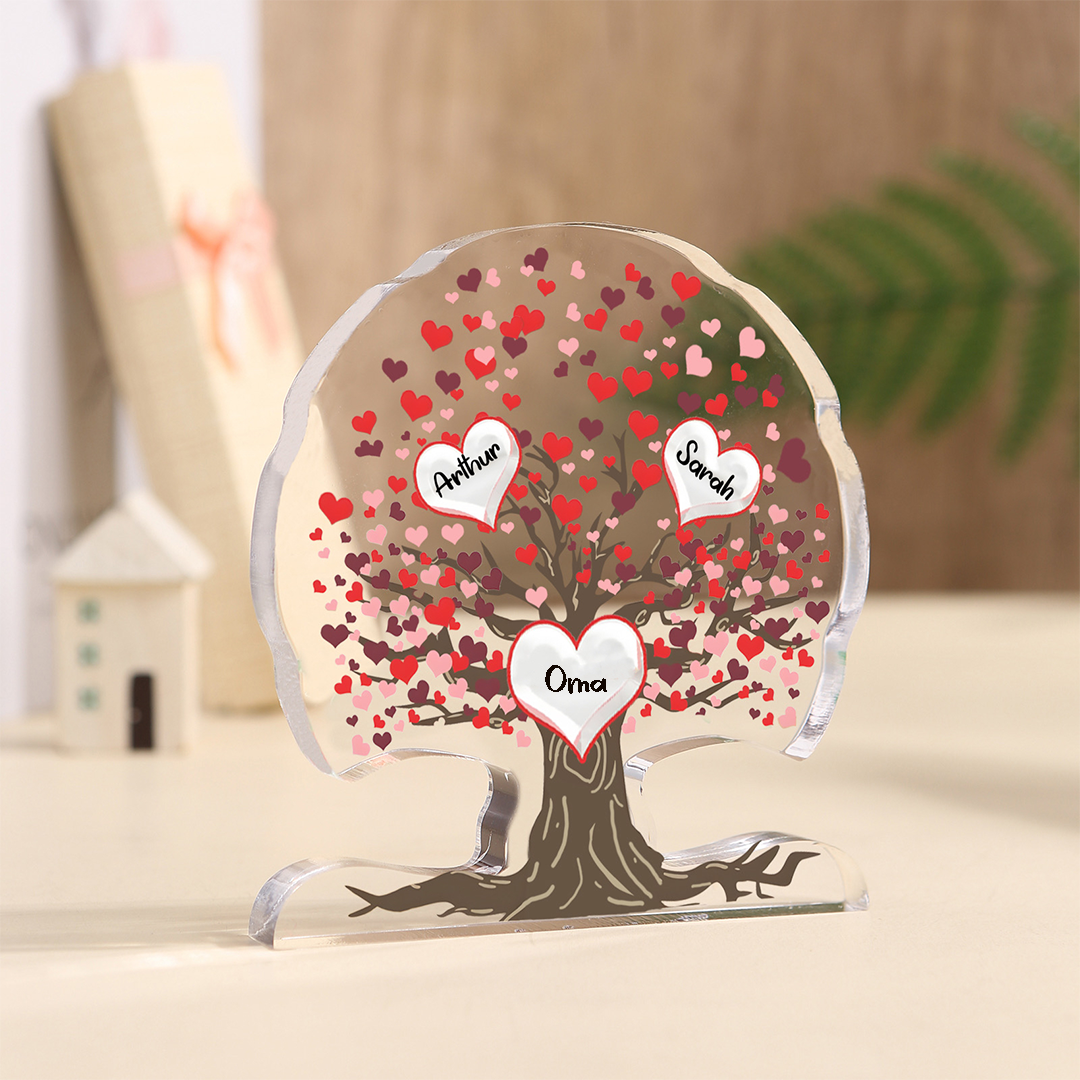 Personalisierte 3-7 Namen Lebensbaum mit roten Herzen Acryldeko Schreibdekoration – Ein einzigartiges Geschenk für Oma Großmutter