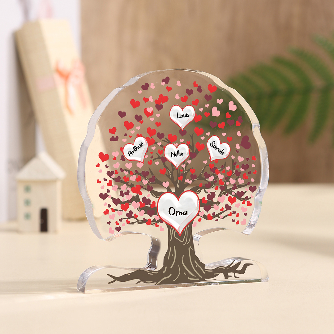 Personalisierte 3-7 Namen Lebensbaum mit roten Herzen Acryldeko Schrei