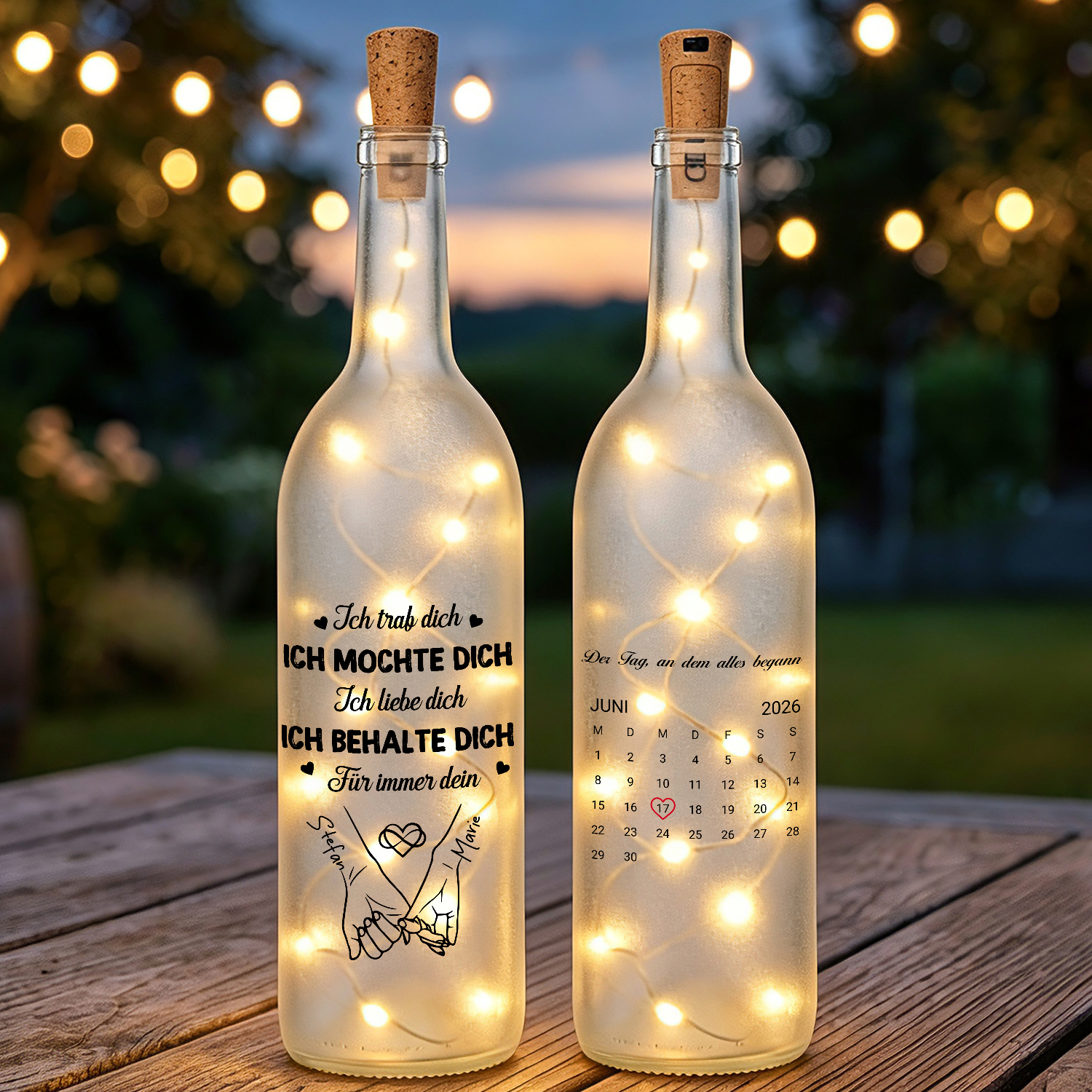 Personalisierte LED-Flaschenlampe mit zwei Namen und Wunschdatum Geschenk für Partner
