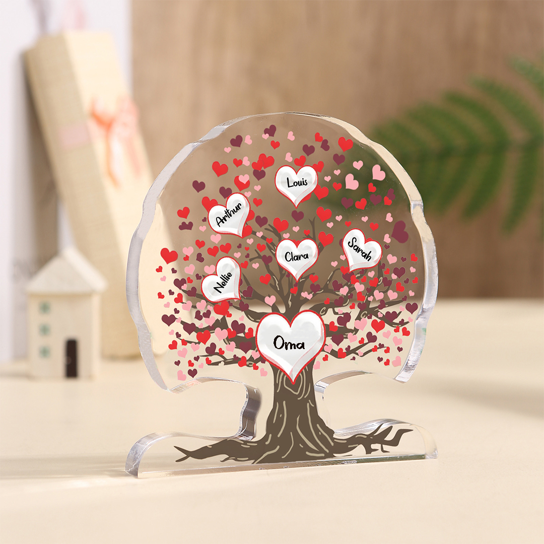 Personalisierte 3-7 Namen Lebensbaum mit roten Herzen Acryldeko Schreibdekoration – Ein einzigartiges Geschenk für Oma Großmutter