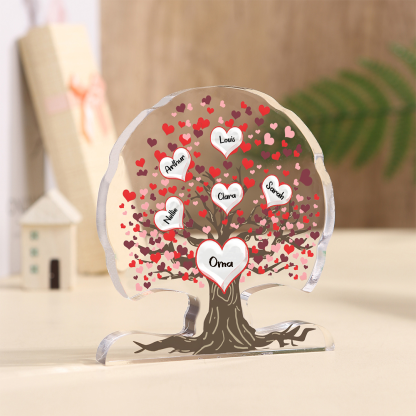Personalisierte 3-7 Namen Lebensbaum mit roten Herzen Acryldeko Schreibdekoration – Ein einzigartiges Geschenk für Oma Großmutter