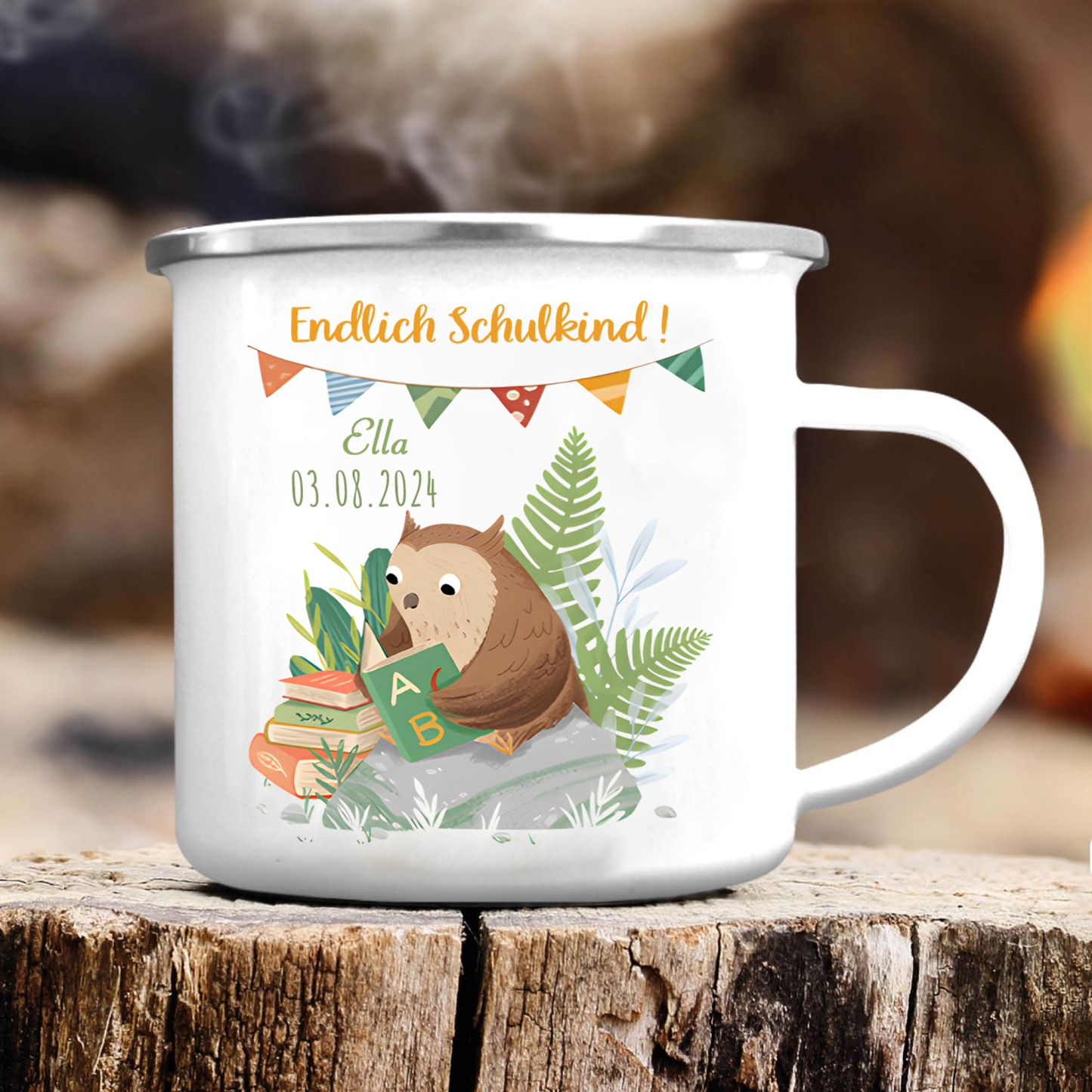 [Copy]Emaille Tasse-Personalisierter Name & Datum Becher - Hurra endlich bin ich ein Schulkind - Geschenk zum Schulanfang