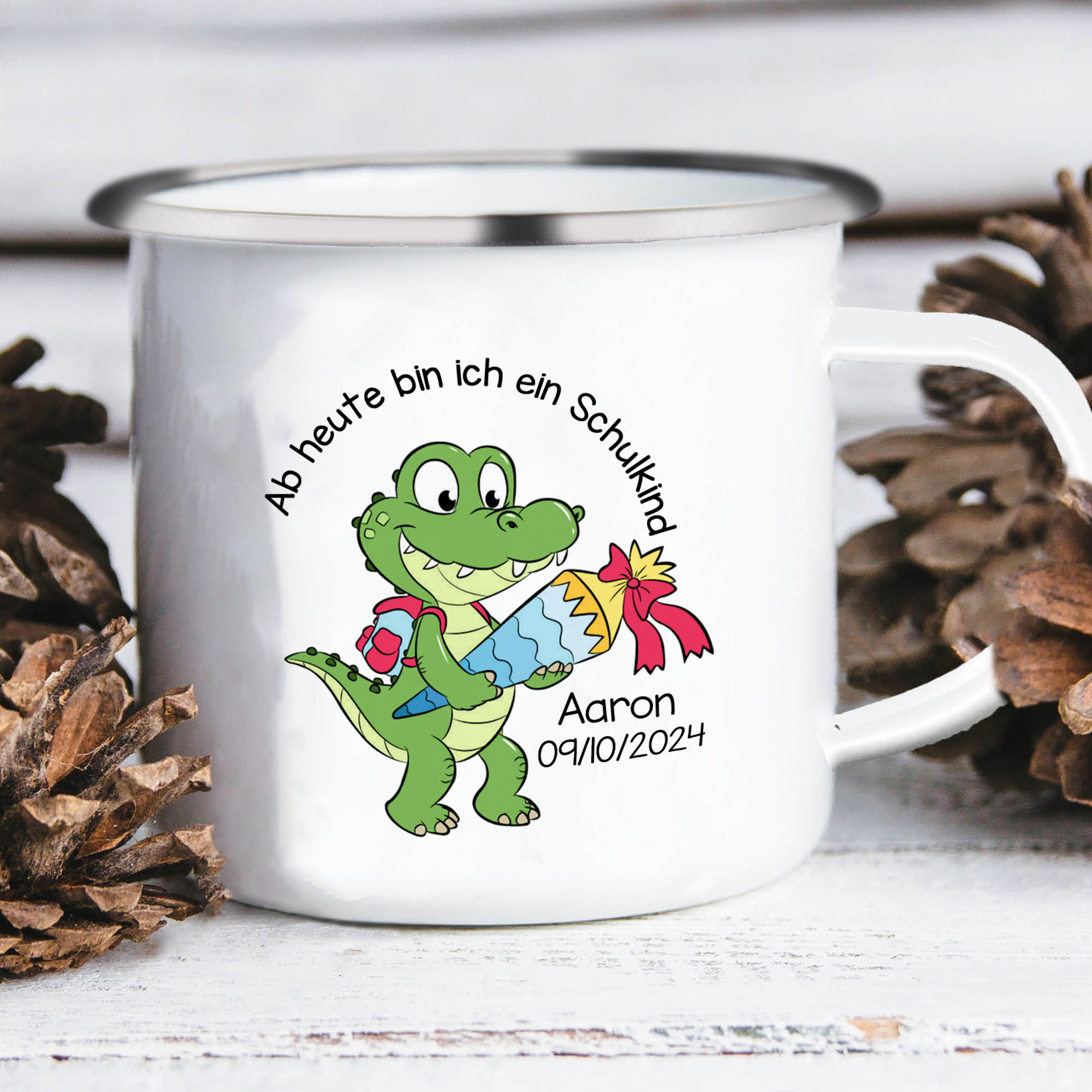 Emaille Tasse-Personalisierter Name & Datum Emaille Becher Schukind Krokodil Ab heute bin ich ein Schulkind Geschenk zum Schulanfang