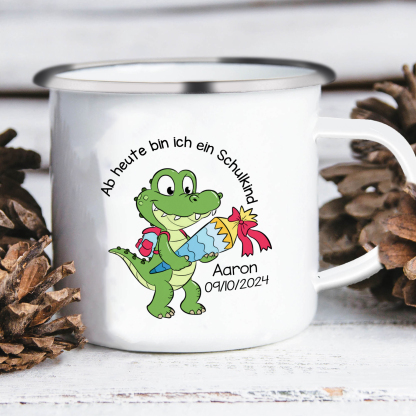 Emaille Tasse-Personalisierter Name & Datum Emaille Becher Schukind Krokodil Ab heute bin ich ein Schulkind Geschenk zum Schulanfang