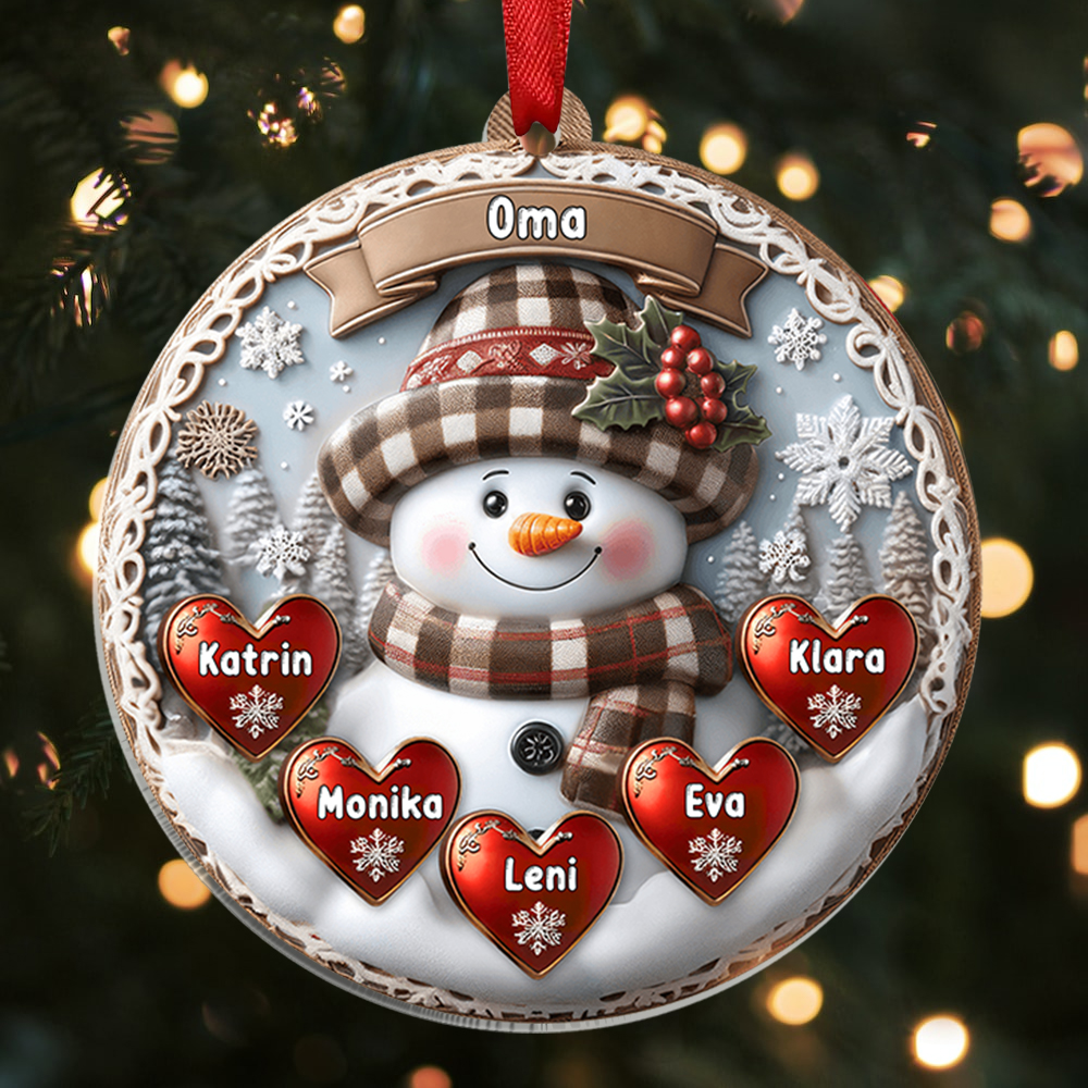 Personalisierte 1-10 Namen Weihnachtsornament Runder Acryl-Anhänger mit Schneemann & Herzen für Oma 