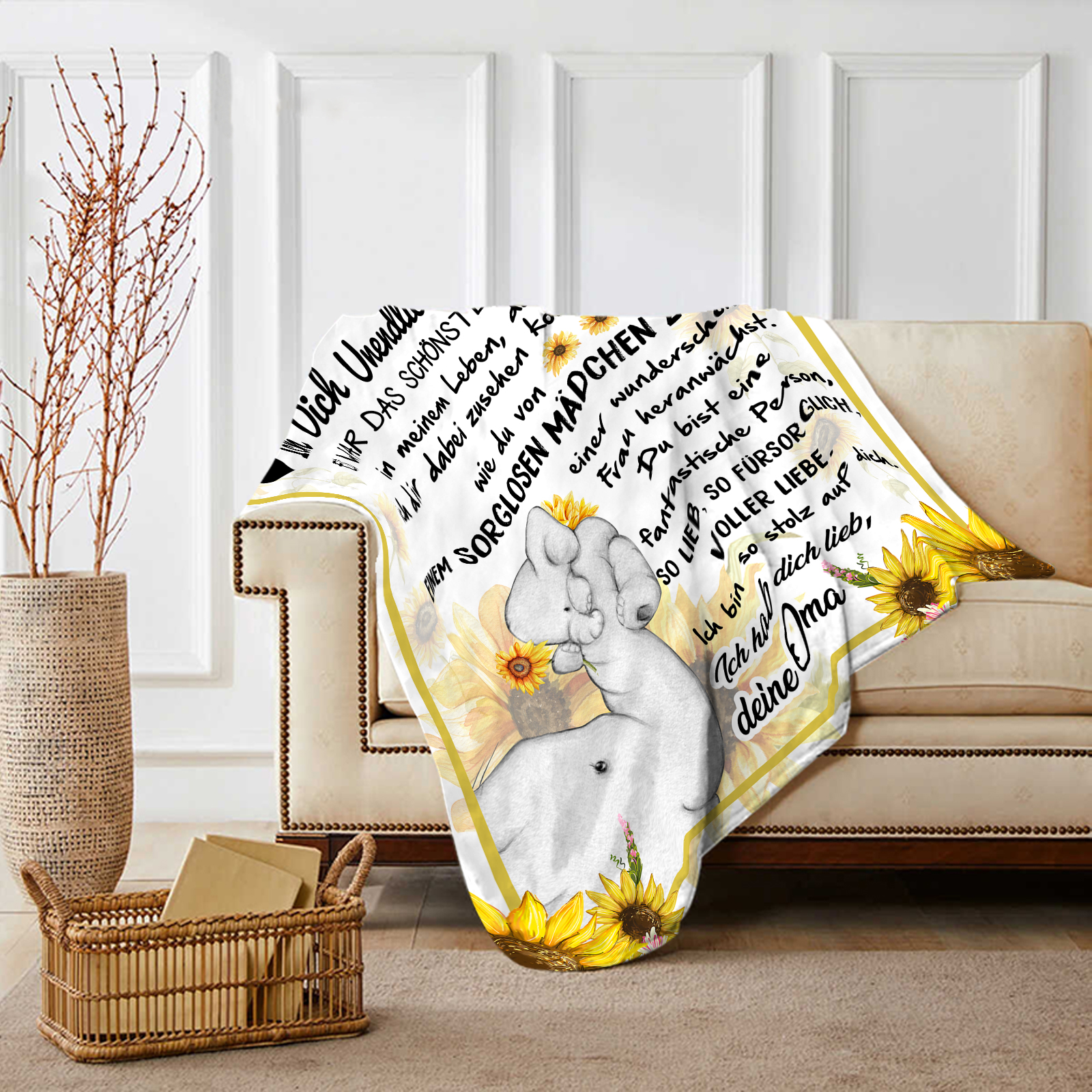 Personalisierte 1-6 Namen Elefant & Sunflower Flanell Decke – Perfektes Geschenk für Enkelin