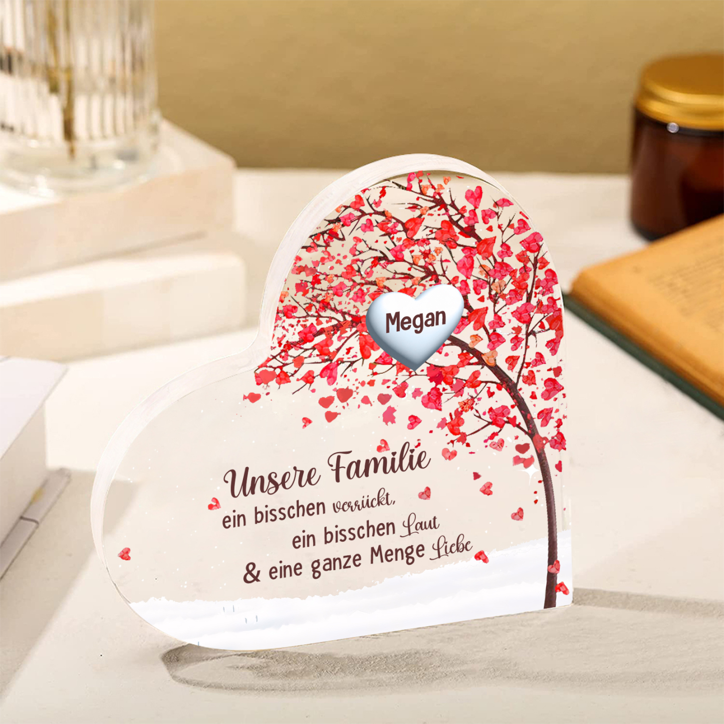 Personalisierter 1 Name Herz Familienbaum Acryl-Deko– Liebevolle Schreibtischdekoration für Familie