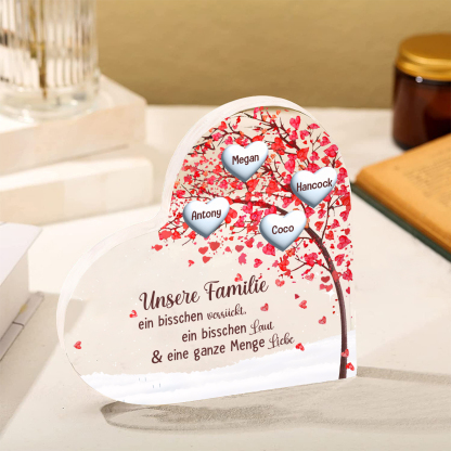 Personalisierte 4 Namen Herz Familienbaum Acryl-Deko– Liebevolle Schreibtischdekoration für Familie