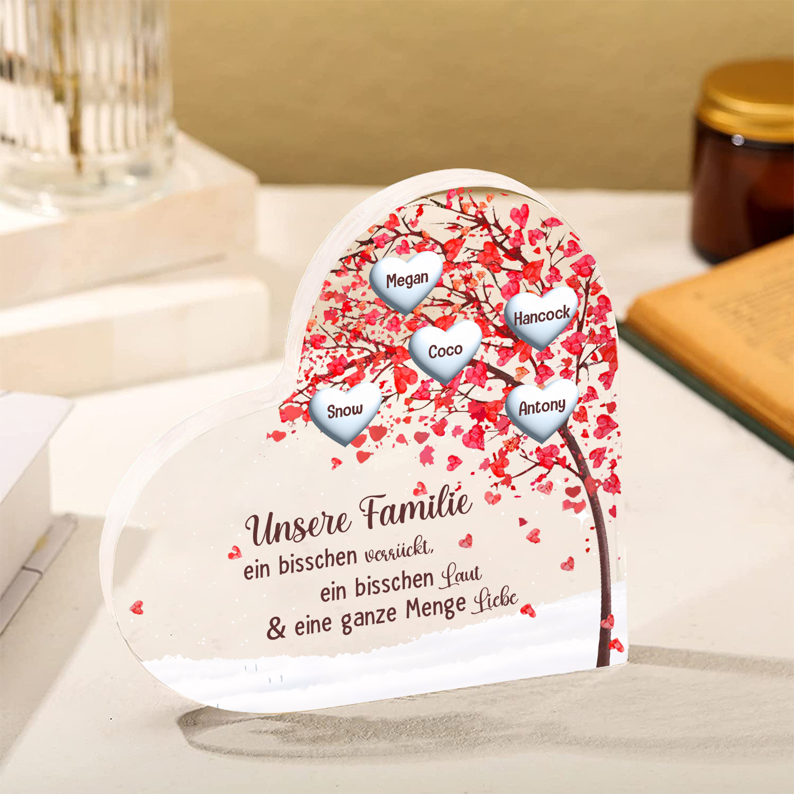 Personalisierte 5 Namen Herz Familienbaum Acryl-Deko– Liebevolle Schreibtischdekoration für Familie