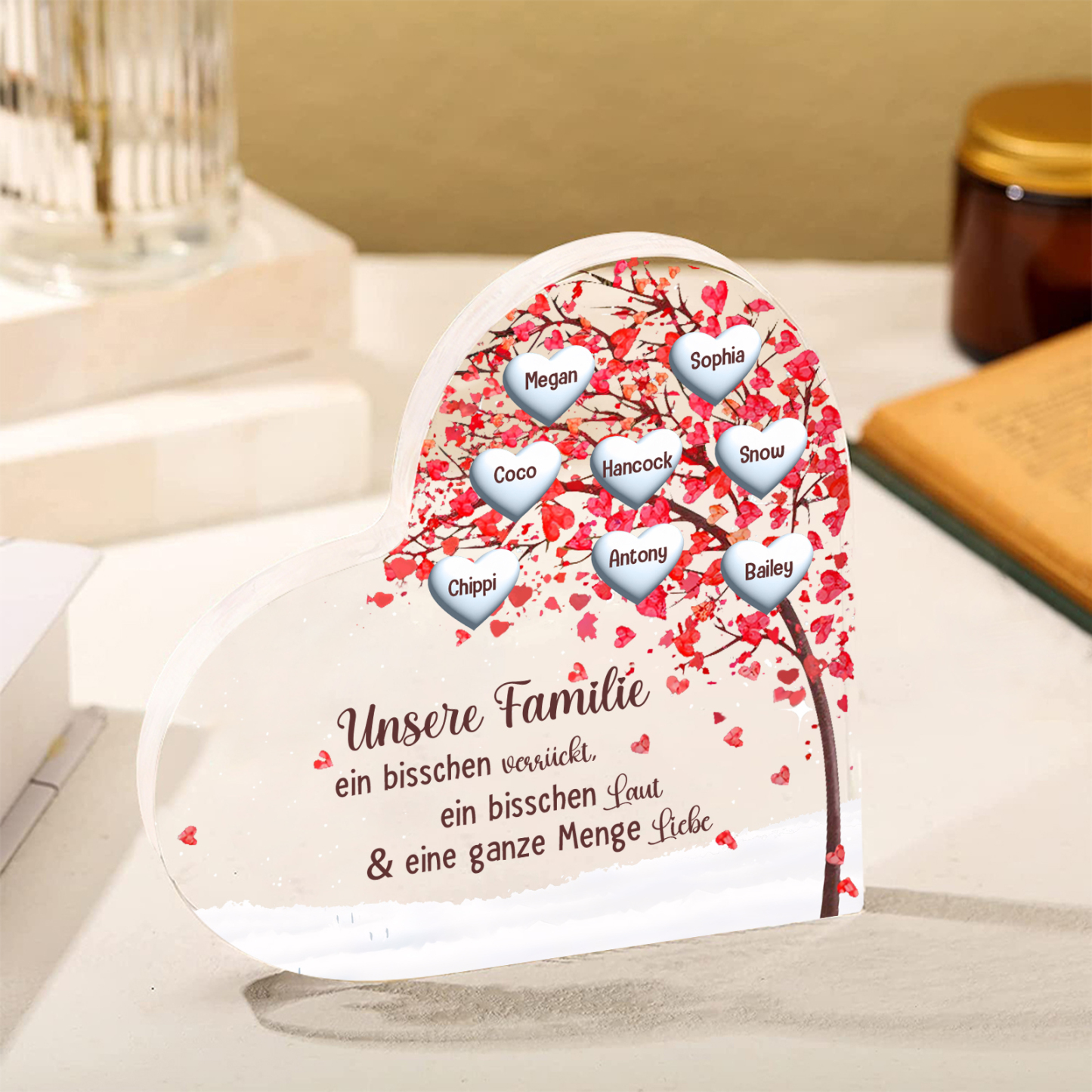 Personalisierte 8 Namen Herz Familienbaum Acryl-Deko– Liebevolle Schreibtischdekoration für Familie