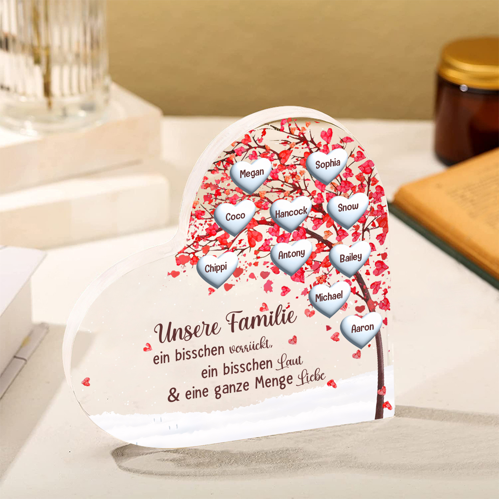 Personalisierte 10 Namen Herz Familienbaum Acryl-Deko– Liebevolle Schreibtischdekoration für Familie