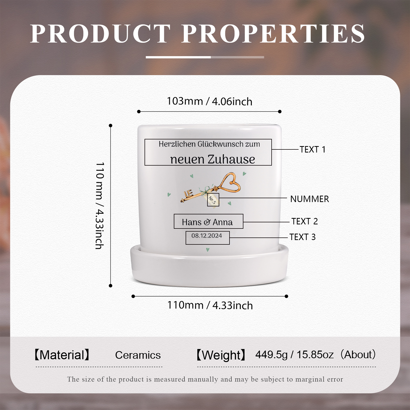 Personalisierbare 3 Texte & Nummer Liebespaar Blumentopf Einweihungsgeschenk Geschenk für ein neues Zuhause