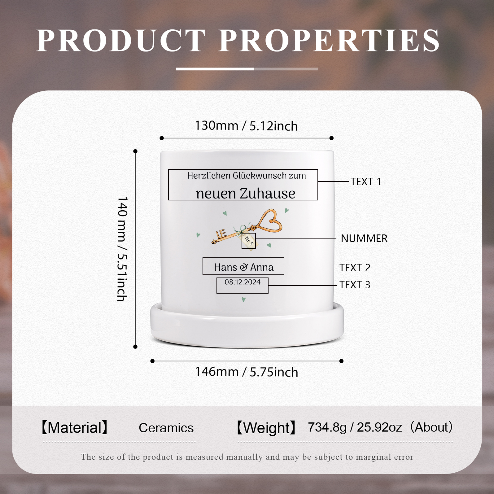 Personalisierbare 3 Texte & Nummer Liebespaar Blumentopf Einweihungsgeschenk Geschenk für ein neues Zuhause