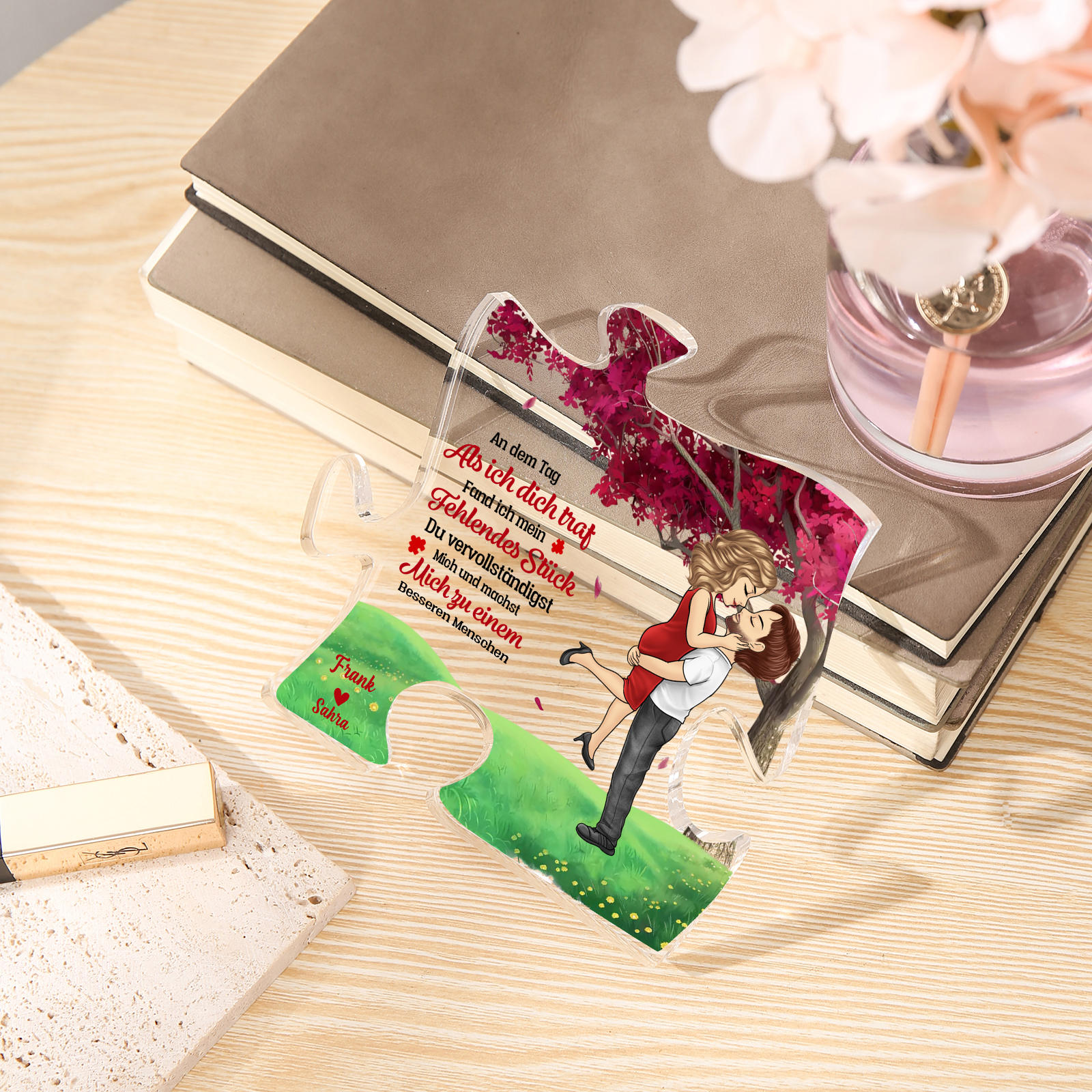  Personalisierte 2 Namen Puzzle Acryl-Deko -An dem Tag, als ich dich traf, fand ich mein fehlendes Stück- Romantische Schreibtischdekoration für Paar