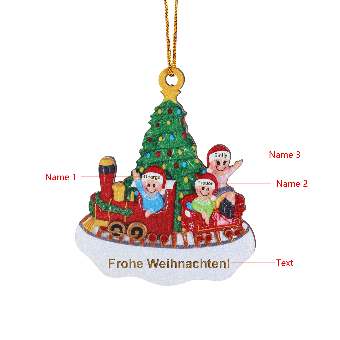 Personalisiertes 3-4 Namen Weihnachtsornament aus Holz Weihnachtszug Anhänger mit 3-4 Familienmitgliedern