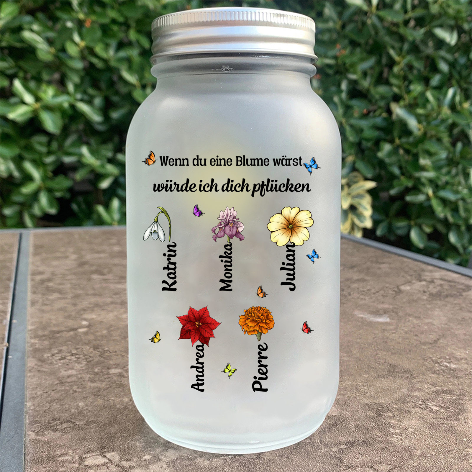 Personalisierte 1-10 Namen & 2 Texte Licht mit Blumen - Wenn du eine Blume wärst, würde ich dich pflücken - Glasflaschen