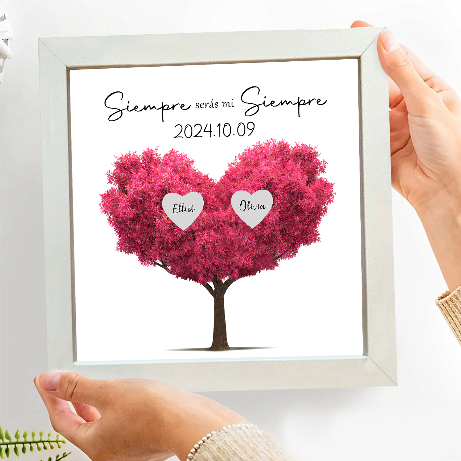 Personalisierbarer Text & 2 Namen & Datum Kunststoff-Bilderrahmen Deko – Herzbaum Ornament für Paar