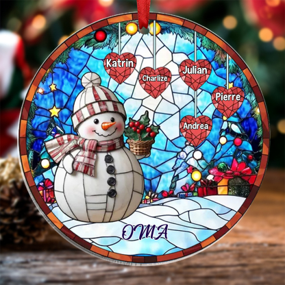 Personalisierte 1-10 Namen Weihnachtsornament Runder Acryl-Anhänger mit Schneemann & Herzen für Oma Großmutter