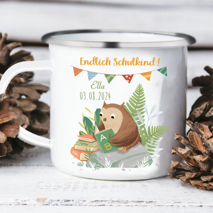 [Copy]Emaille Tasse-Personalisierter Name & Datum Becher - Hurra endlich bin ich ein Schulkind - Geschenk zum Schulanfang