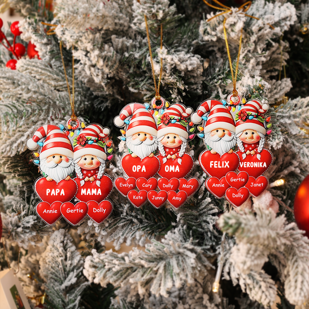 Personalisierte 1-15 Namen Weihnachtsornament Acryl-Anhänger mit Wichteln & Herzen – Perfektes Geschenk für Opa & Oma